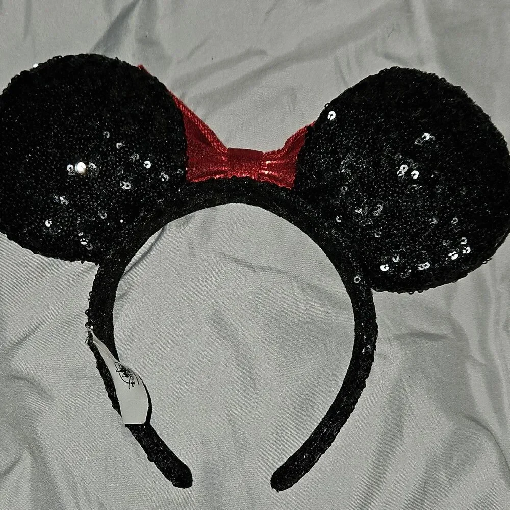 Disney Minnie Mouse Sequin Ear Headband Black Red Bow Cartoon Party Accessory